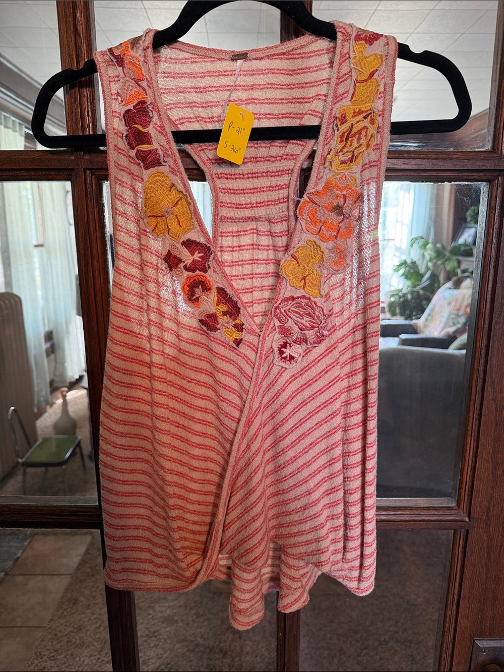 Free People Pink and Cream Striped Embroidered V-Neck Tank